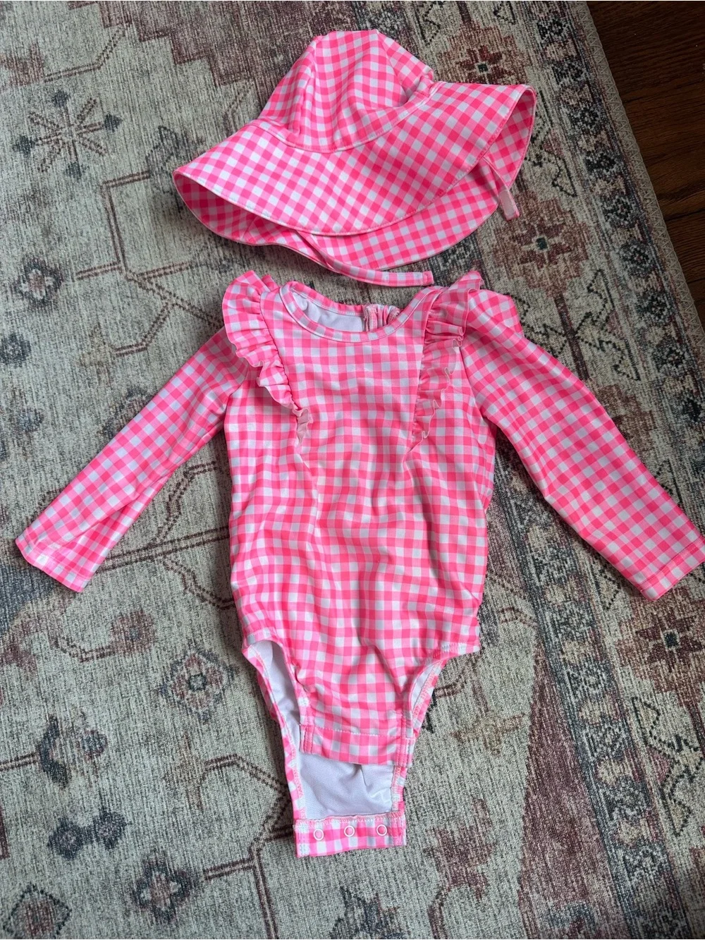 GAP Hot Pink Gingham Long-Sleeve Rashguard with Matching Sun Hat - 12-18M